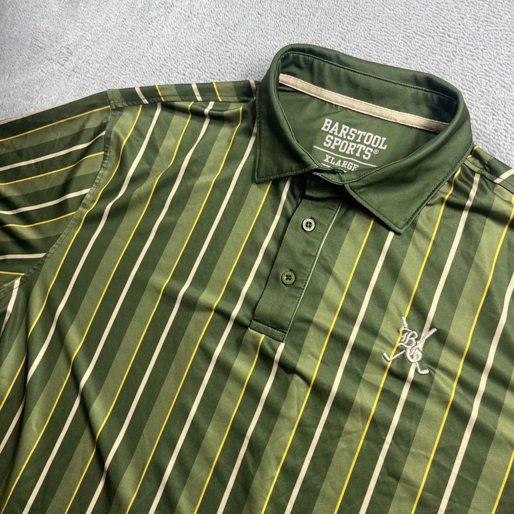 Barstool Sports Mens XL Green Striped Golf Polo Short‎ Sleeve Performance Shirt